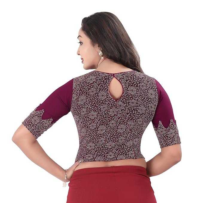 Round Neck Cotton Lycra Regular Fit Saree Blouse for Women | Half Sleeve Readymade Stretchy Embroidered Design with Silver Zari Festive Blouse Perfect for Saree, Lehenga, Kurti | 32-44